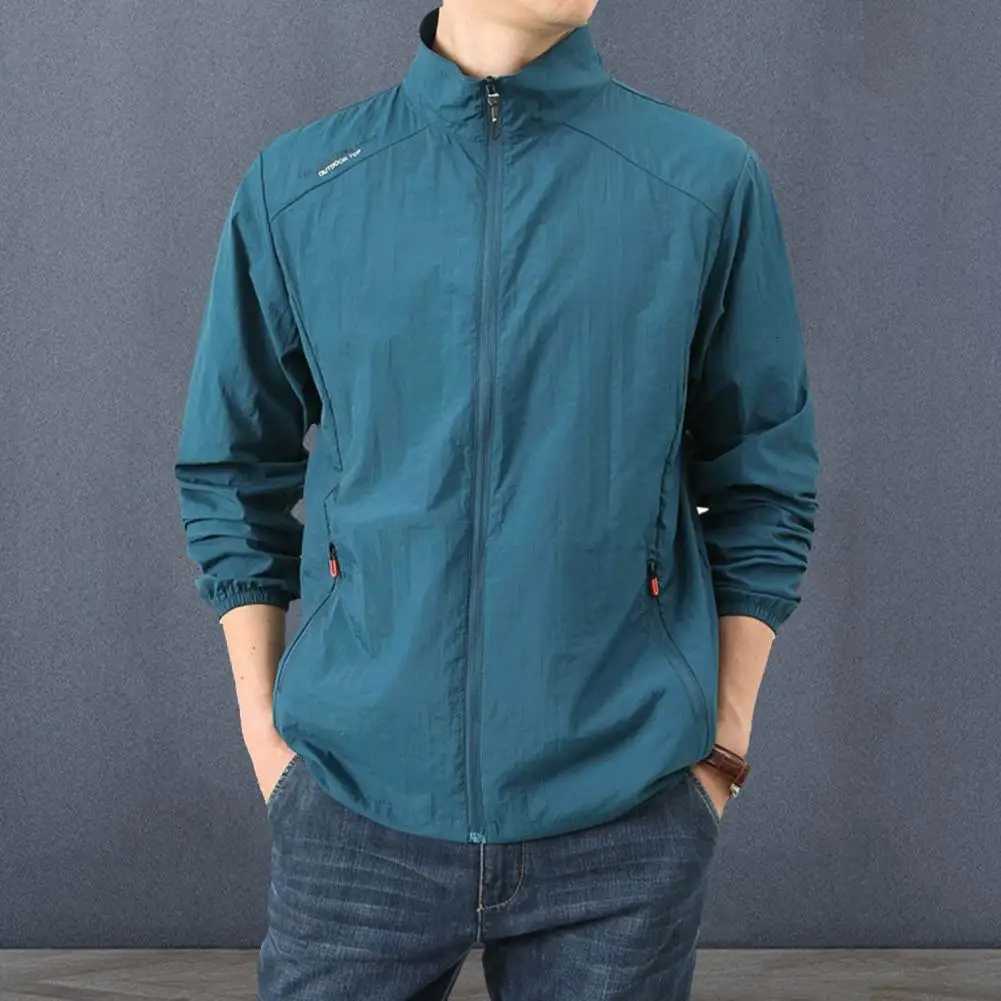 Men Summer Jackets Casual Lapel Long Sleeve Solid Color Male Sun Coat Loose Fit Zipper Placket Windproof Men Outerwear for Outdoor W250809