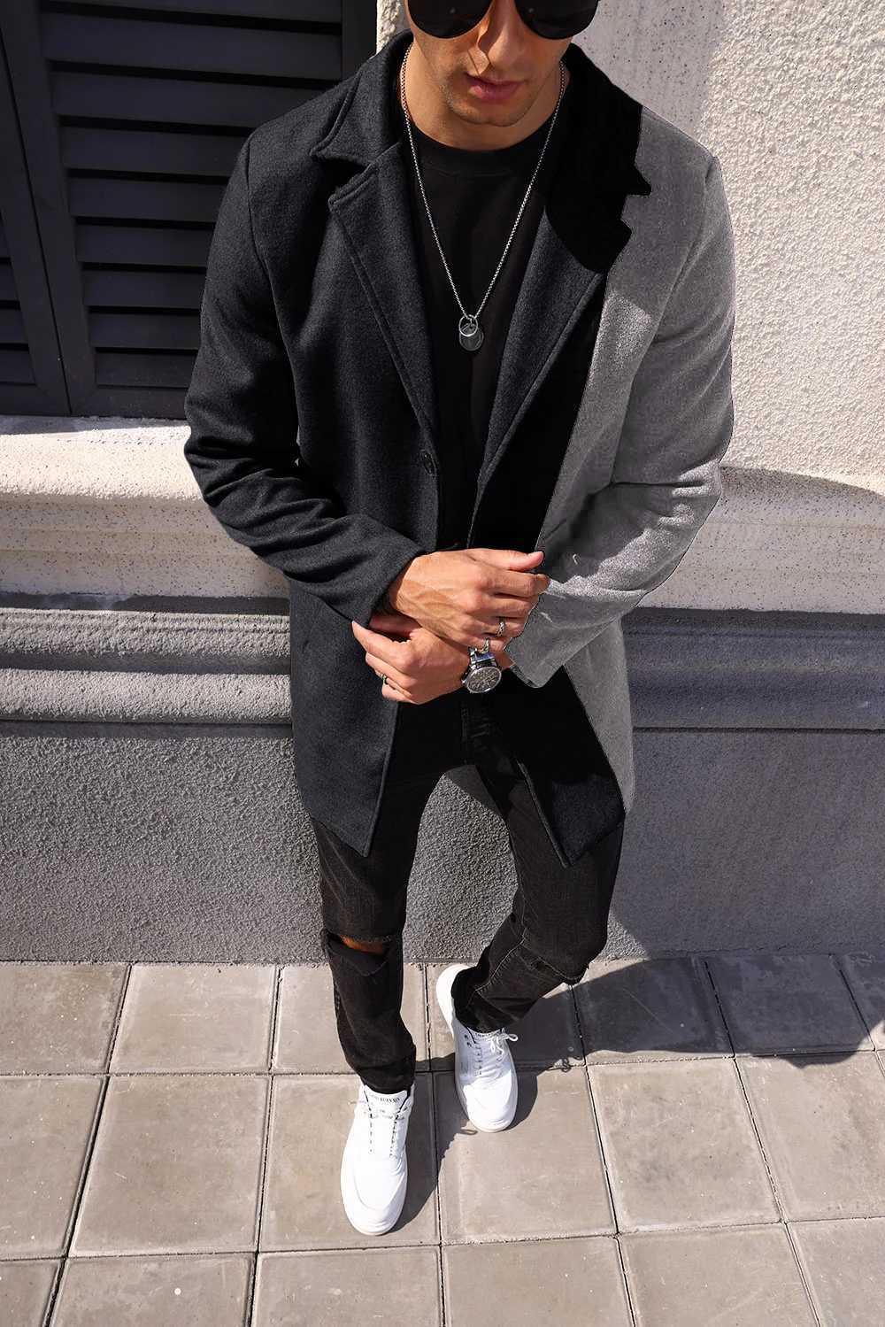 Mens Woolen Jacket Fashionable Versatile Color Block Coat Top XJ250809