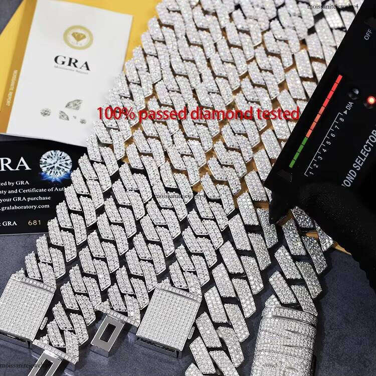 RTS Full Size Hot Sale 10~20MM Sier VVS Moissanite Dia Cuban Chain with GRA Certificate for Hiphop Life