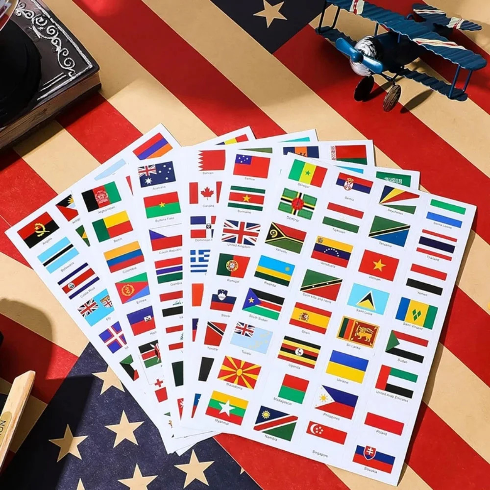 192 Countries World Flag Stickers Self-Adhesive World Country Travel Labels Face Stickers for Journal Party 6 Sheets 250804