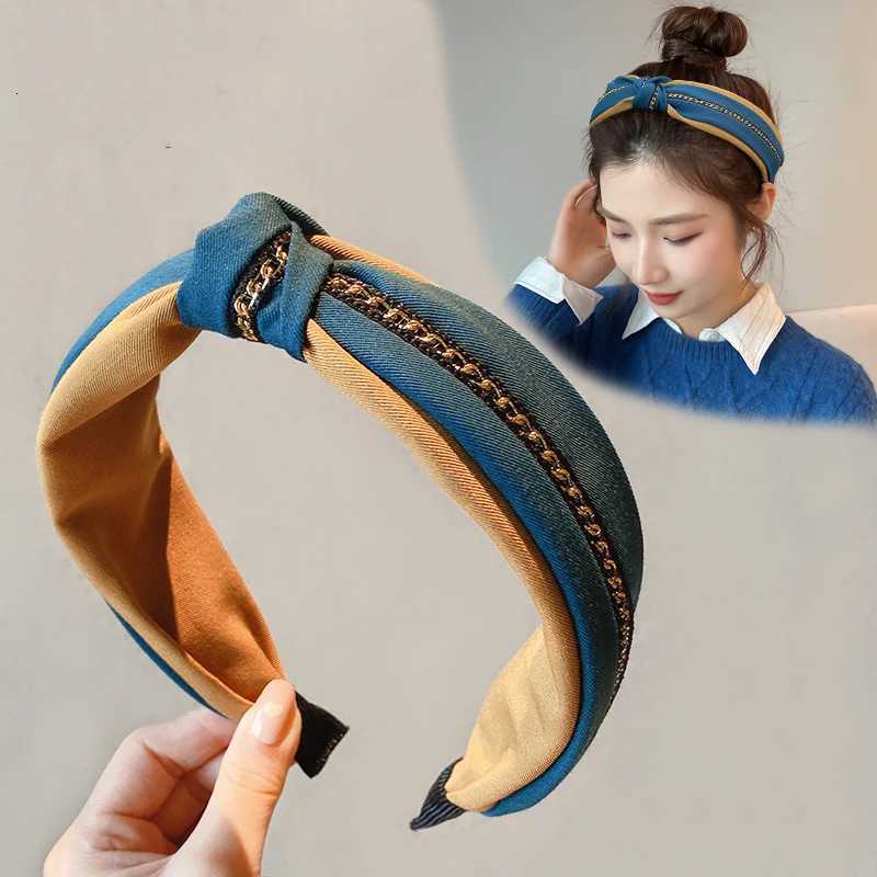 Wide Top Knot Hair Bands For Women Solid Color Chain Bow Elastic Hair Bezel Girls Band Hair Hoop Female Hair Accessories Y250809