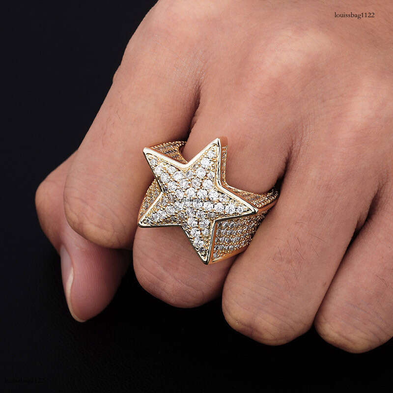 Ins Style Pentagram Full Zircon Hip Hop Men's Trendy Ring Gold Jewelry