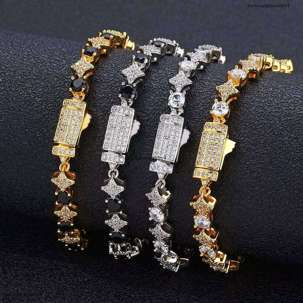 NUOYA High Quality Star Shape Chain with Black CZ Stone 6mm Sier Plated Tennis Bracelet Hip Hop Jewelry for Women/Men