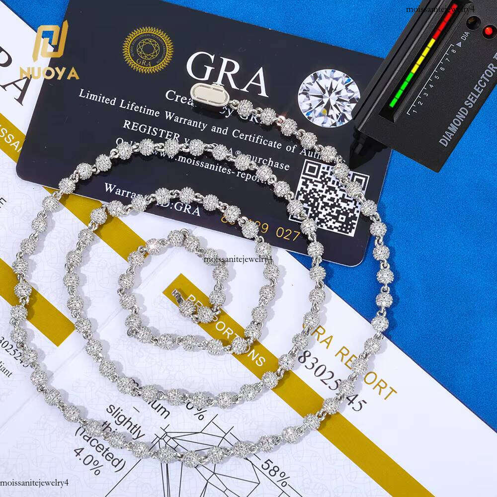 NUOYA 4mm Miami Cuban Chain Sterling Sier Round Bead VVS Moissanite Iced Out Hip Hop Necklace