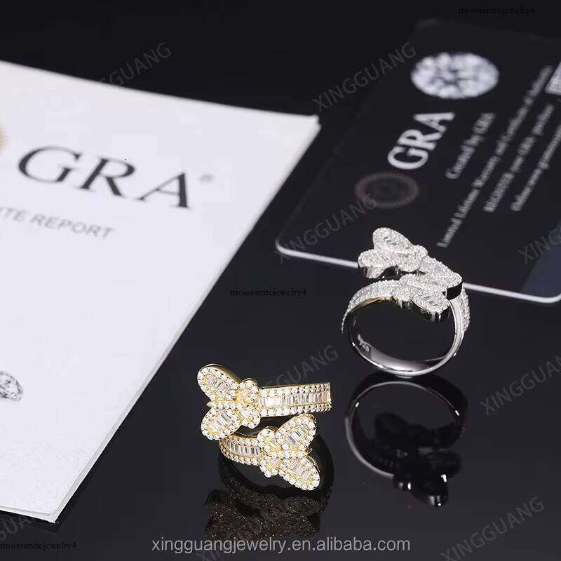 XingGuang Factory Price Sier Butterfly Shape Hip Hop Custom Men Women Iced Out Moissanite Engagement Ring