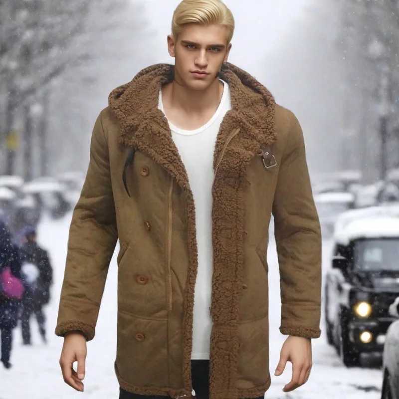 Men Hooded Winter New Suede Mens Coat Fur Integrated Thick Coat Wool Long Sleeve Parka with Pockets XJ250809