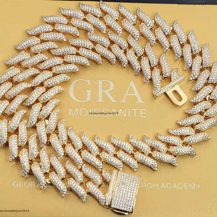 Hip Hop Jewelry Iced Out Necklace Gold Plated Sterling Sier VVS Round Moissanite Spiked Shape Cuban Link Chain