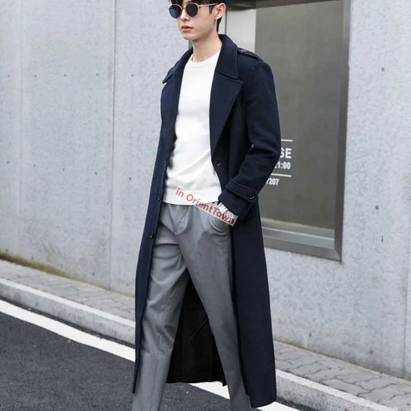 Black Hong Kong Trend Extra Length Overcoat Loose Handsome Over the Knee Trendy Casual Long Jacket Men Woolen Trench Coat in001 XJ250809