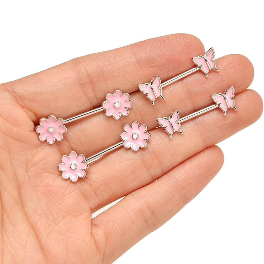 9 Pairs Nipple Rings Stainless Steel Heart Butterfly Moon Flower CZ Barbell Tongue Rings Set Cute Nipplerings Piercing Jewelry for Women Pink Silver T