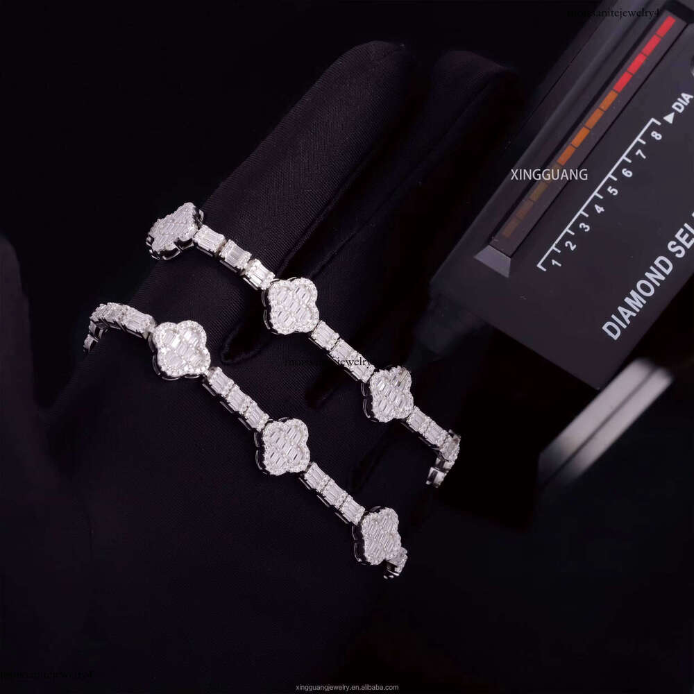 Fashion Baguette Cut Moissanite Clover 12mm Wide Hip Hop For Man Women S VVS Dia CloverTennis Bracelet
