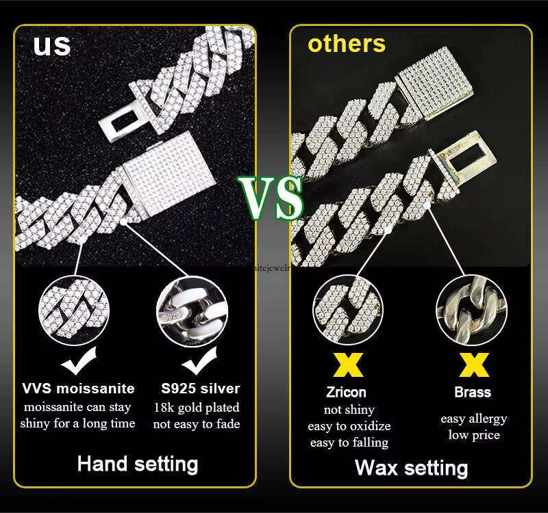 Pass the Tester 6mm~20mm Wide Gold Sterling Sier D Color VVS Moissanite Dia Cuban Link Men Bracelets