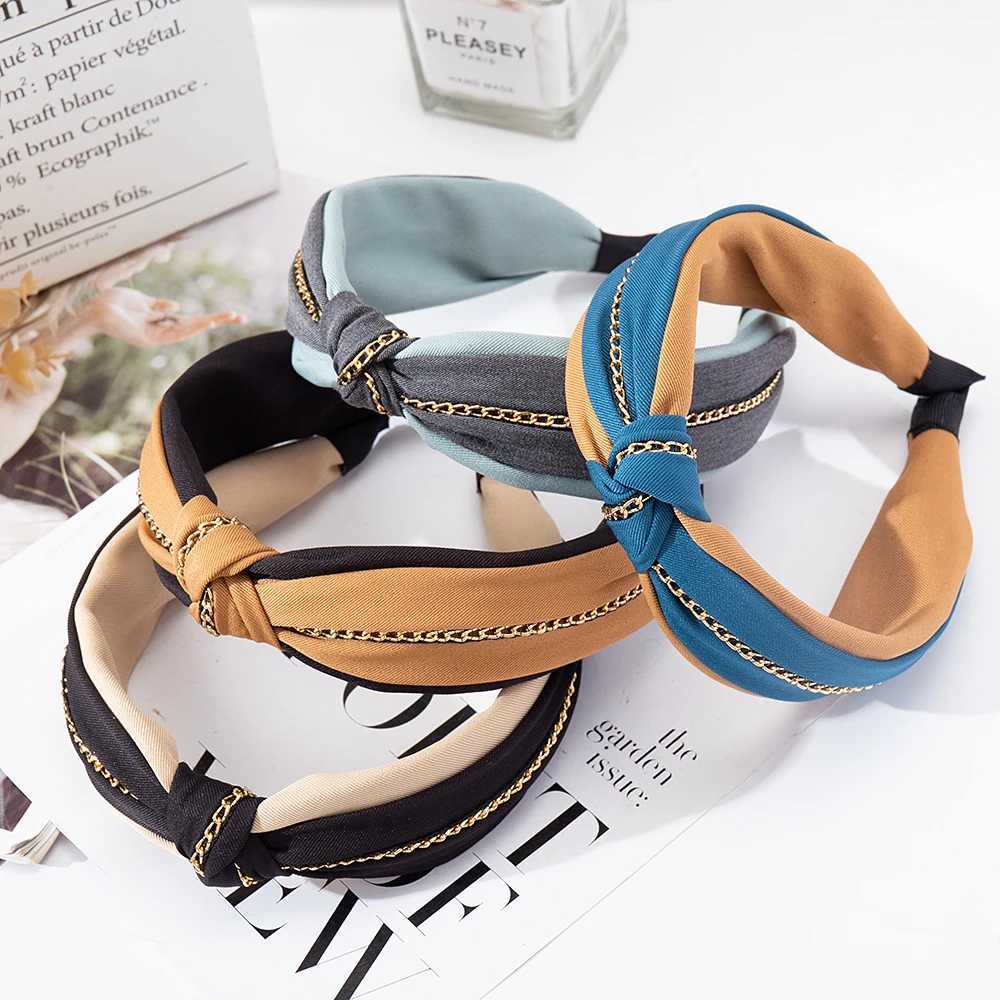 Wide Top Knot Hair Bands For Women Solid Color Chain Bow Elastic Hair Bezel Girls Band Hair Hoop Female Hair Accessories Y250809