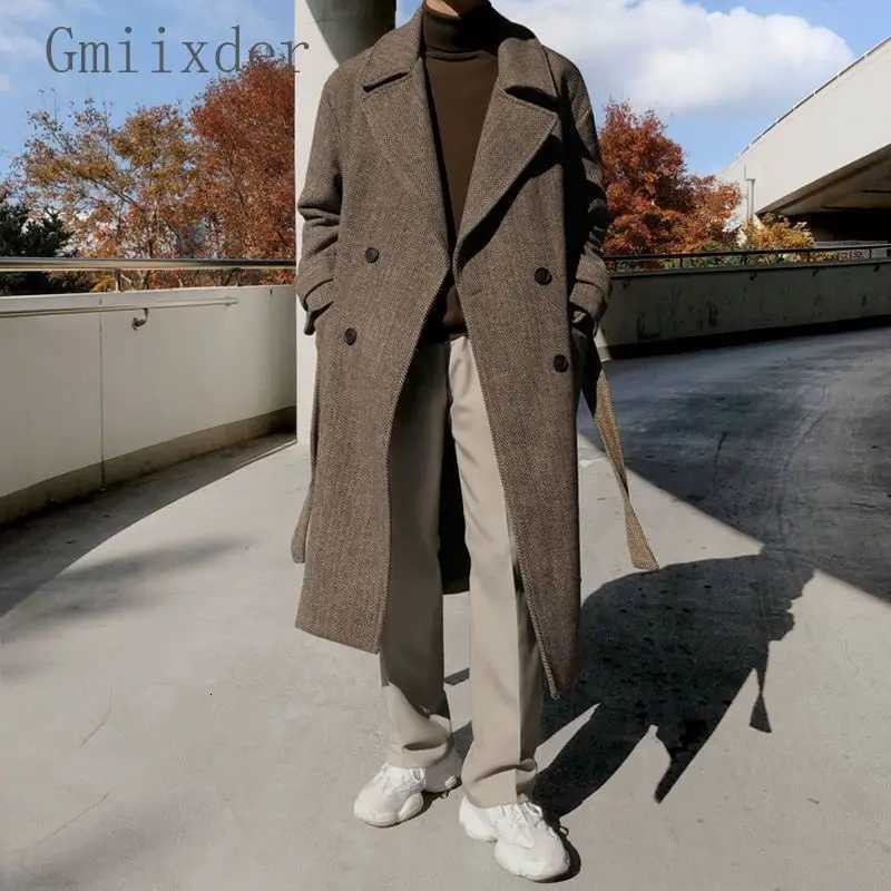 Gmiixder Winter Thickened Woolen Coat Mens Korean Elegant Over-the-knee Mid-length Windbreaker Loose Herringbone Woolen Jacket XJ250809