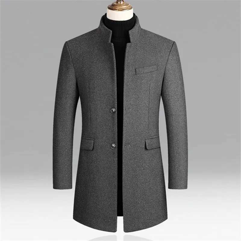 Winter Wool Blend Coats Men Solid Color Stand Collar Thick Business Casual Mens Trench Outerwear Single Breasted Wool Blends XJ250809