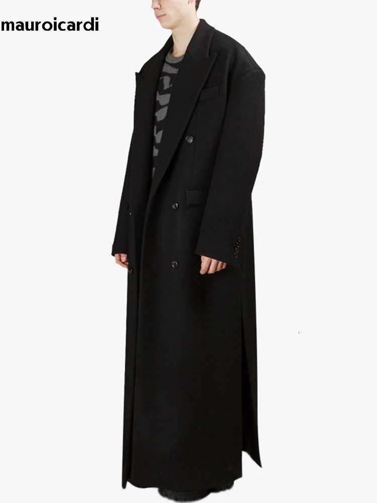 Mauroicardi Autumn Winter Extra Long Black Oversized Thick Warm Soft Wool Blends Coat Men Double Breasted Korean Fashion 2023 XJ250809