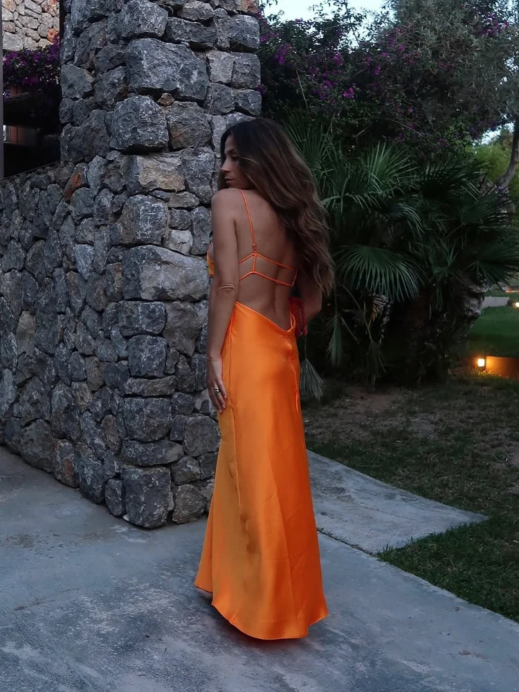 Orange Satin Lace Up Sling Long Dresse Fashion V Neck Backless Sleeveless Maxi Robe Summer Female Evening Party Club Gown 250804