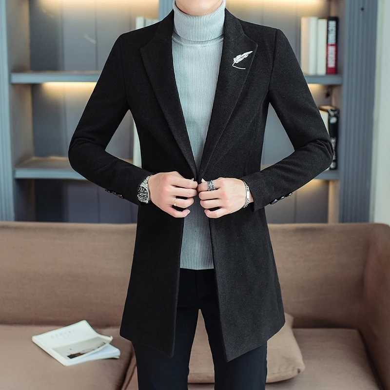2025 Spring Autumn Mens Solid Woolen Coats Slim Fit Mid-Length Trench Overcoat Outerwear Wool Windbreaker Jackets XJ250809