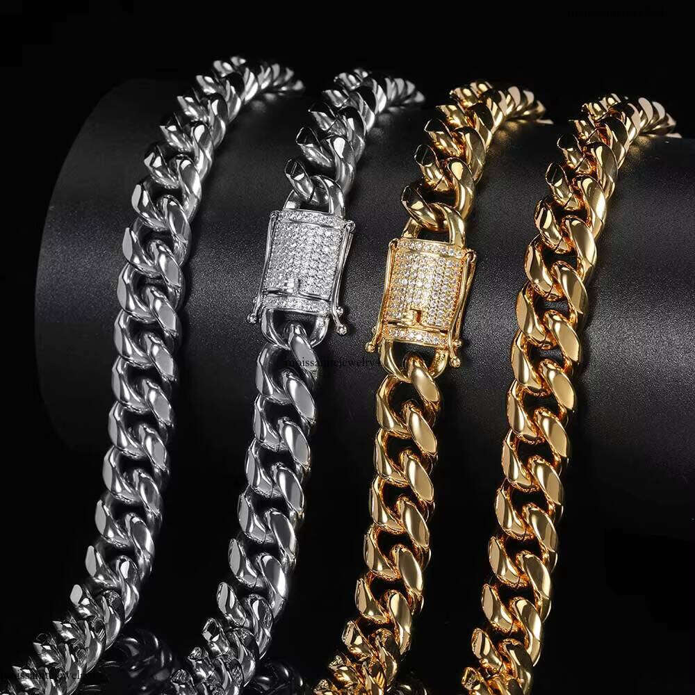 Wholesale 12mm Stainless Steel Cuban Link Chain with Gold Plated Dia Clasp Hip Hop Style Gift Necklace