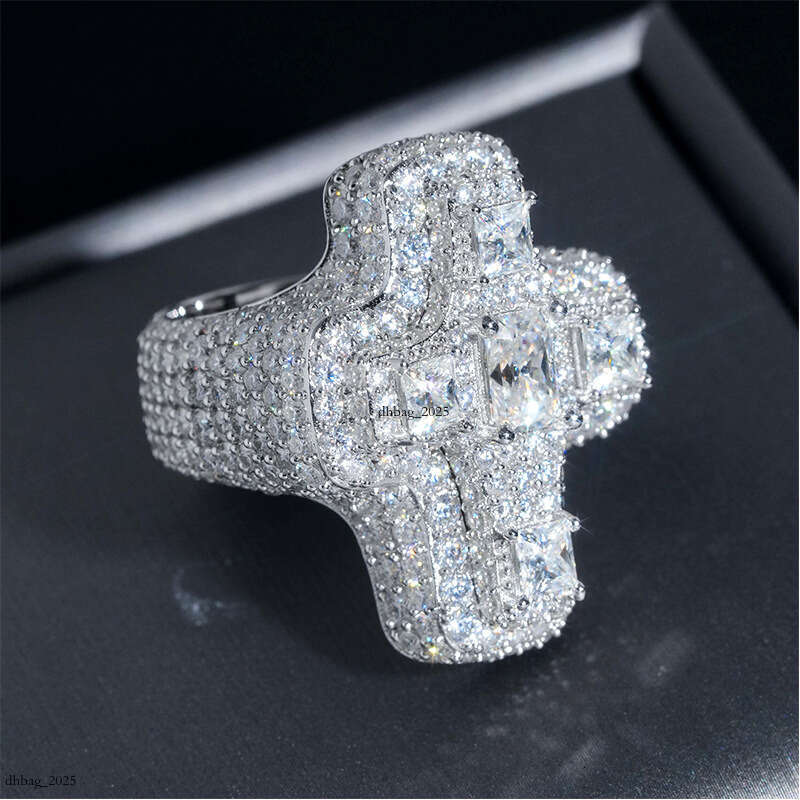 ICED OUT Silver Moissanite Cross Hip-Hop Ring Fashion Trendy Essential
