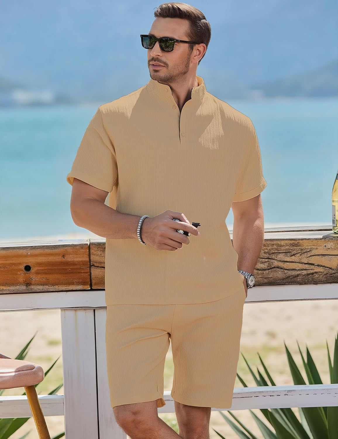 Men's Summer Beach Outfits 2 Piece Vintage Short Sleeve Henley Shirts and Shorts Vacation Texture Sets for Men