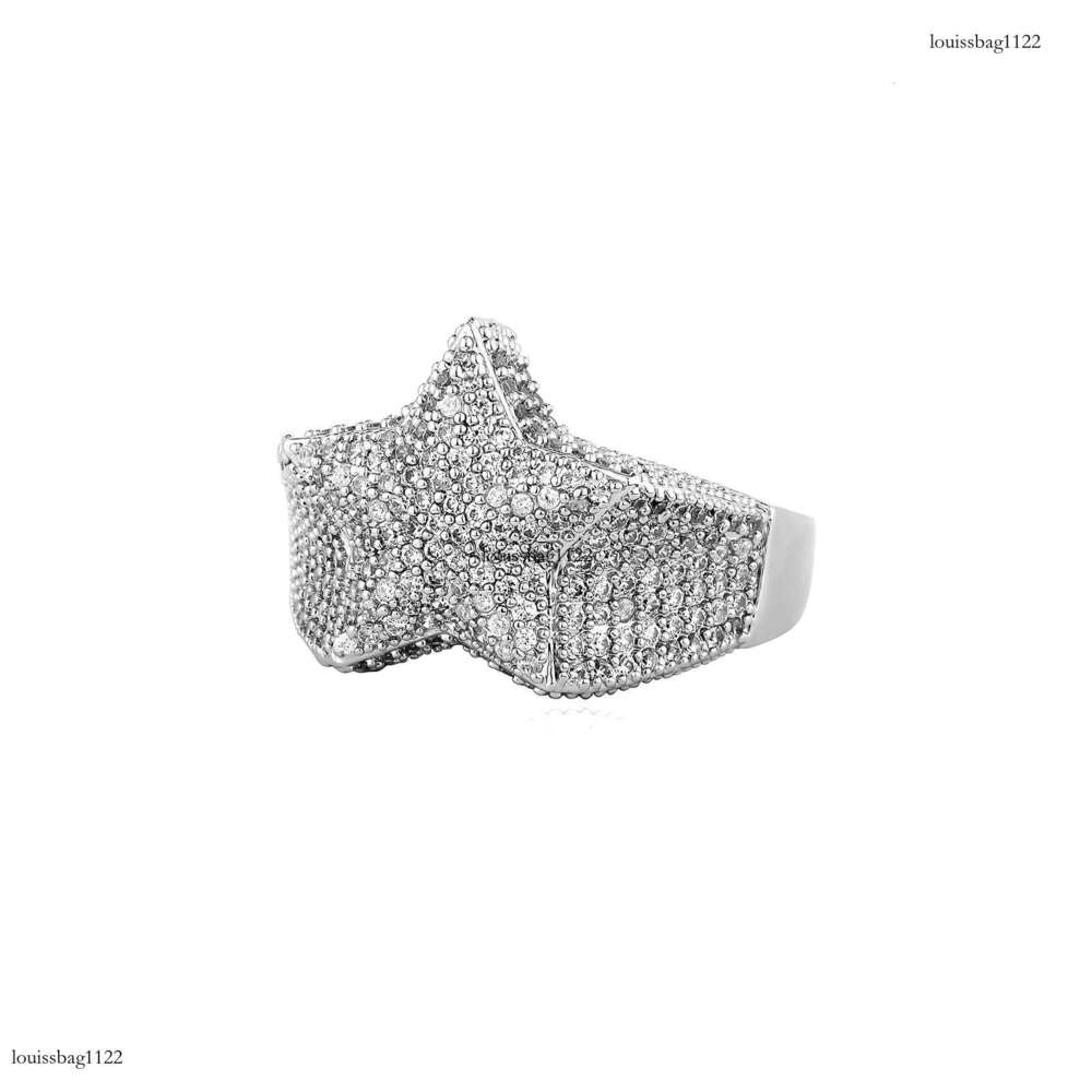Hip Hop Full Diamond Pentagram Sterling Silver Gold Plated Street Style Personality Fashion Trendy Men's Versatile Ring