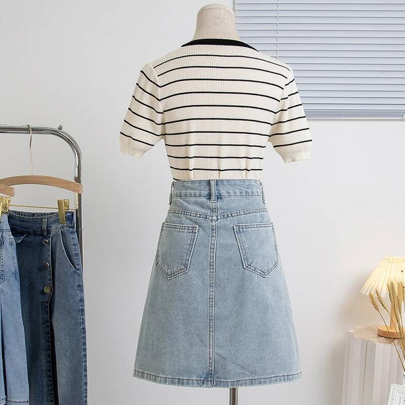 2025 summer new women's plus size denim A-line underskirt summer new Korean fashion pleated skirt Midi denim skirt women's fashion blue deni