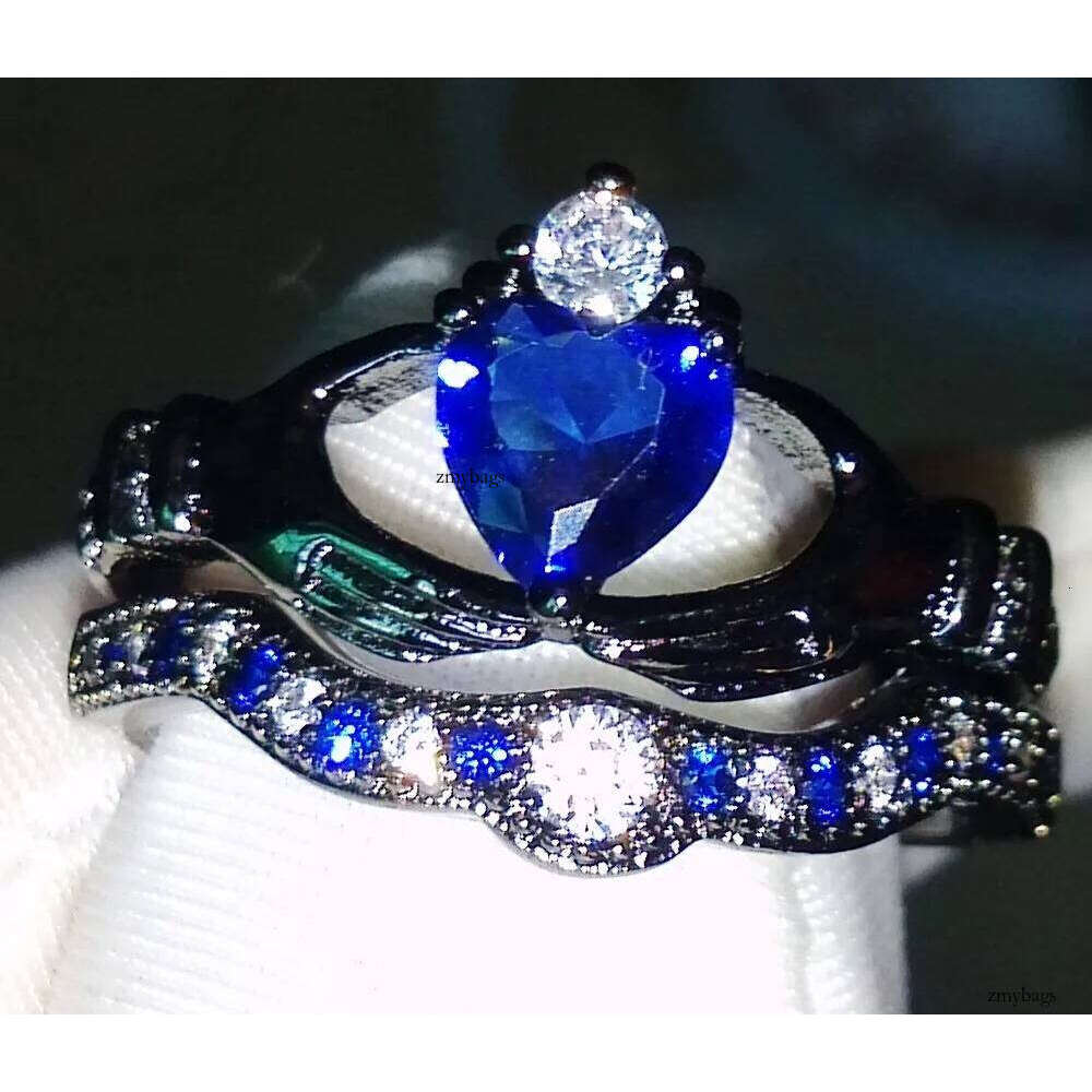 Wholesale Free Shipping Heart Jewelry sterling sier black gold pated Blue Sapphire CZ Dia Wedding Bridal Women Ring Size 5-11