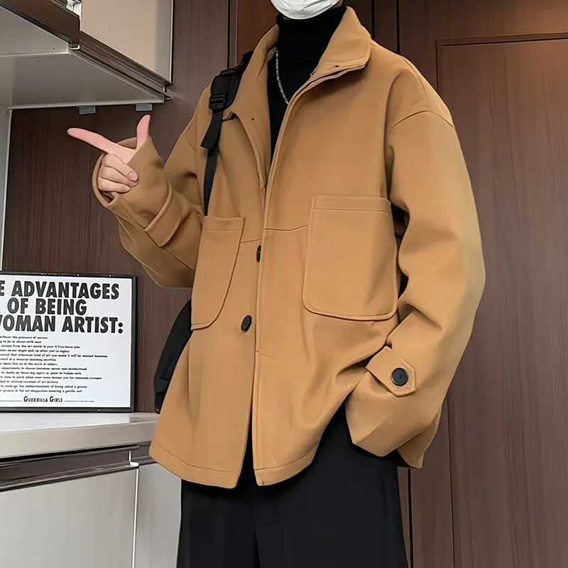 Korean Fashion Mens Wool Blend Coat Single Breasted Pea Coat Trench Overcoat XJ250809