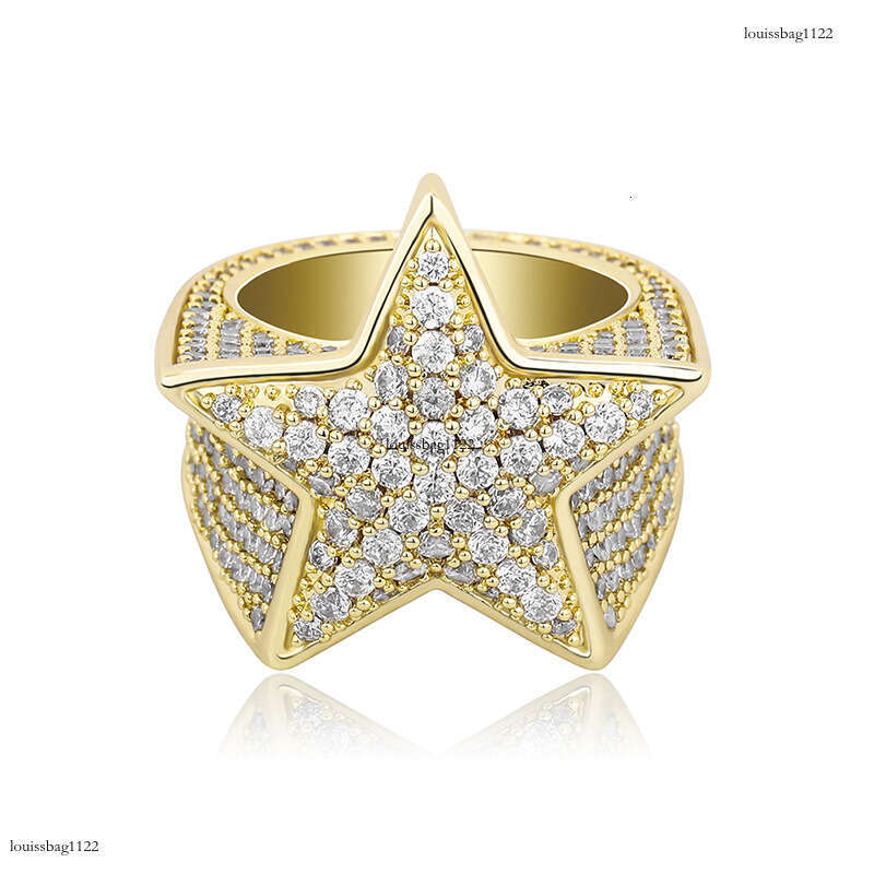 Ins Style Pentagram Full Zircon Hip Hop Men's Trendy Ring Gold Jewelry