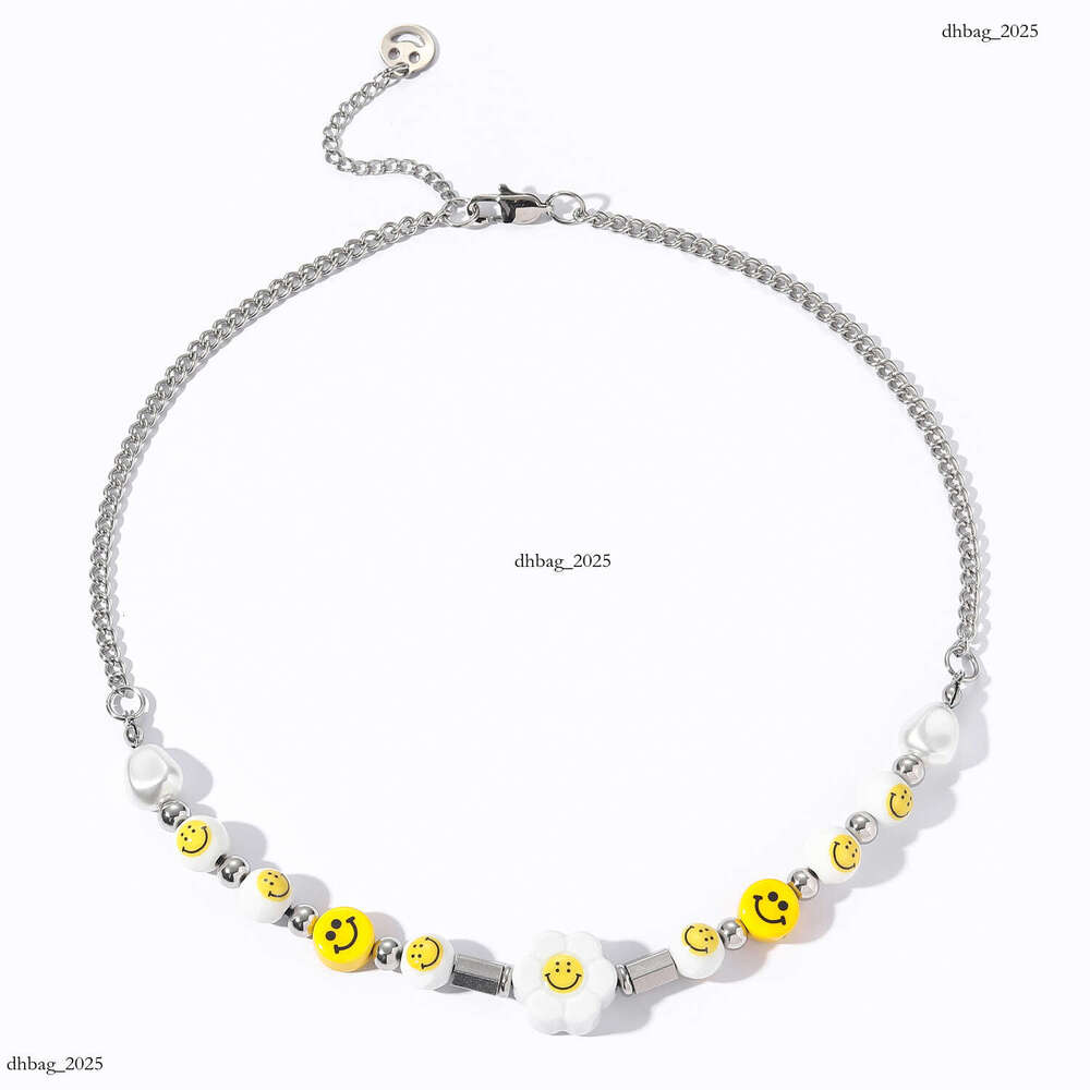 Ins Hip-Hop Sterling Silver Smiley Face Suower Pearl Necklace Unisex Personality Choker Bracelet