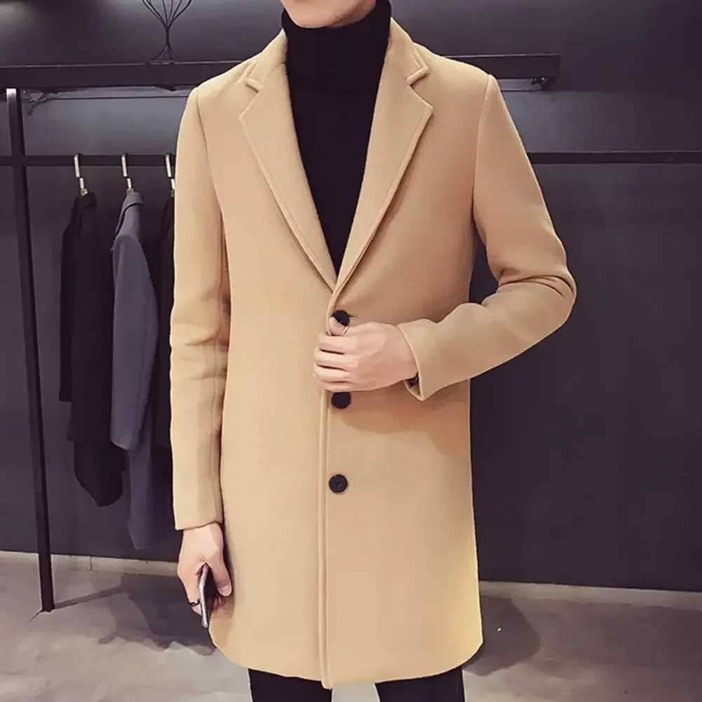 Woolen Fabric Overcoat Elegant Mens Woolen Suit Coat with Lapel Slim Fit Single-breasted Mid-length Jacket for Autumn Winter XJ250809