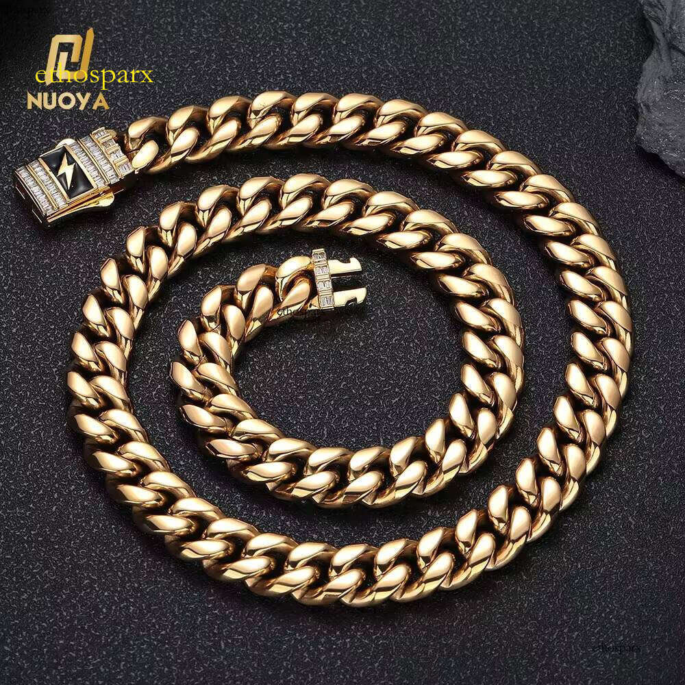 NUOYA Fashion Necklace Gold Plated Link Baguette Dia Clasp Custom Lighing Stainless Steel Cuban Chain