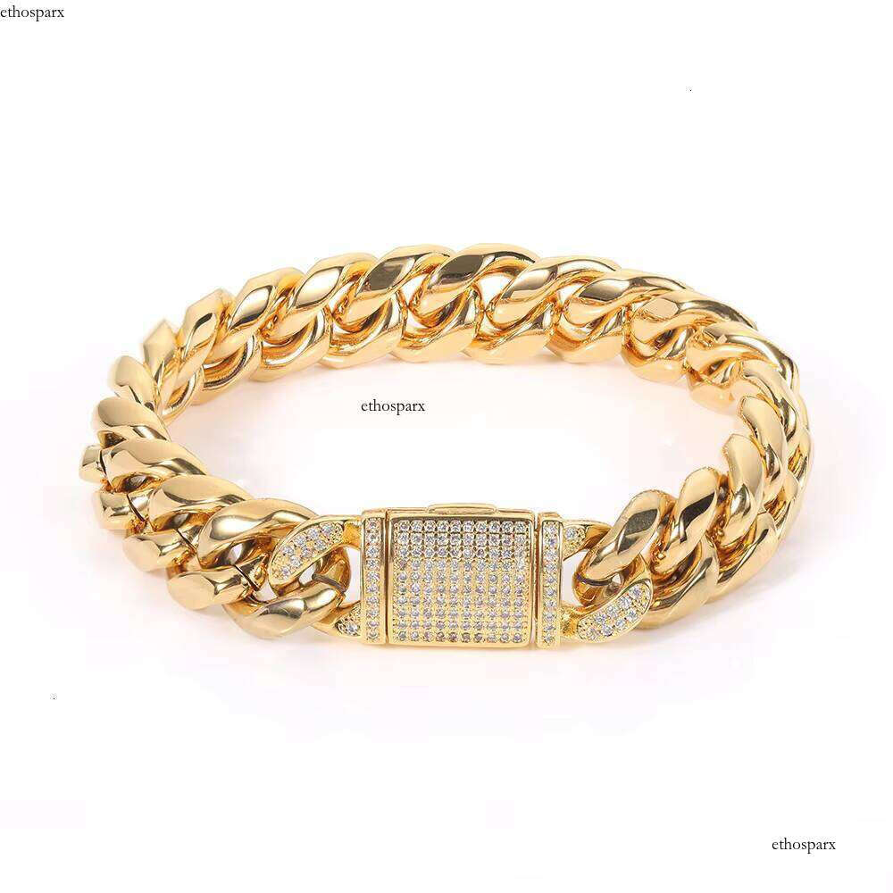 NUOYA Gold Plated Stainless Steel Men's Miami Cuban Chain Necklace 12mm HipHop Full Dia Clasp Fine Jewelry