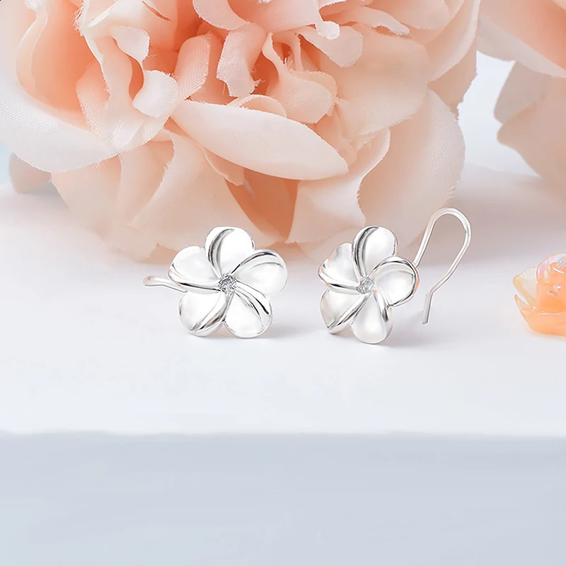 S925 Sterling Silver Flower Hook Earrings with Zircon 18K Plated Trendy Vacation Jewelry for Women 250805