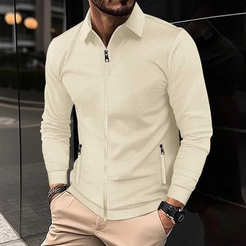 Slim Fit Mens Cardigan Jacket Flip Collar Waffle Design Long Sleeve Sportswear with Zipper Pocket Elegant Mens Jacket W250809