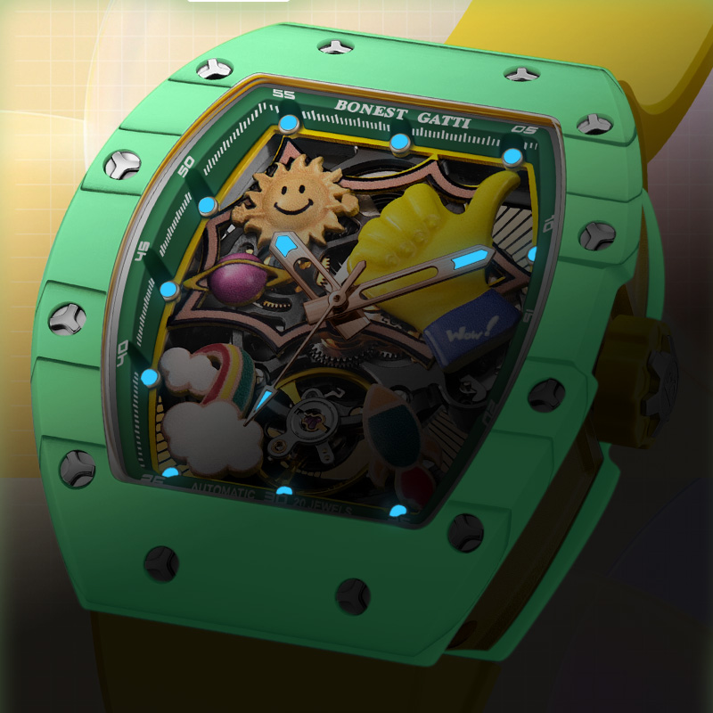 BONEST GATTI Men Automatic Watch 52mm Tonneau Mechanical Wristwatch Carbon Fiber Bezel Sapphire Mirror Luminous 3D Cartoon Dial