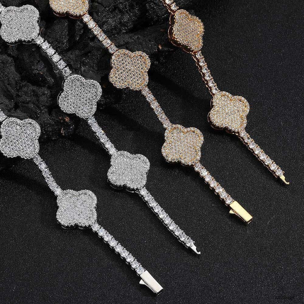 Hip Hop Spring Buckle Four-Leaf Clover Tennis Chain Moissanite chain High-End Versatile Men's Necklace