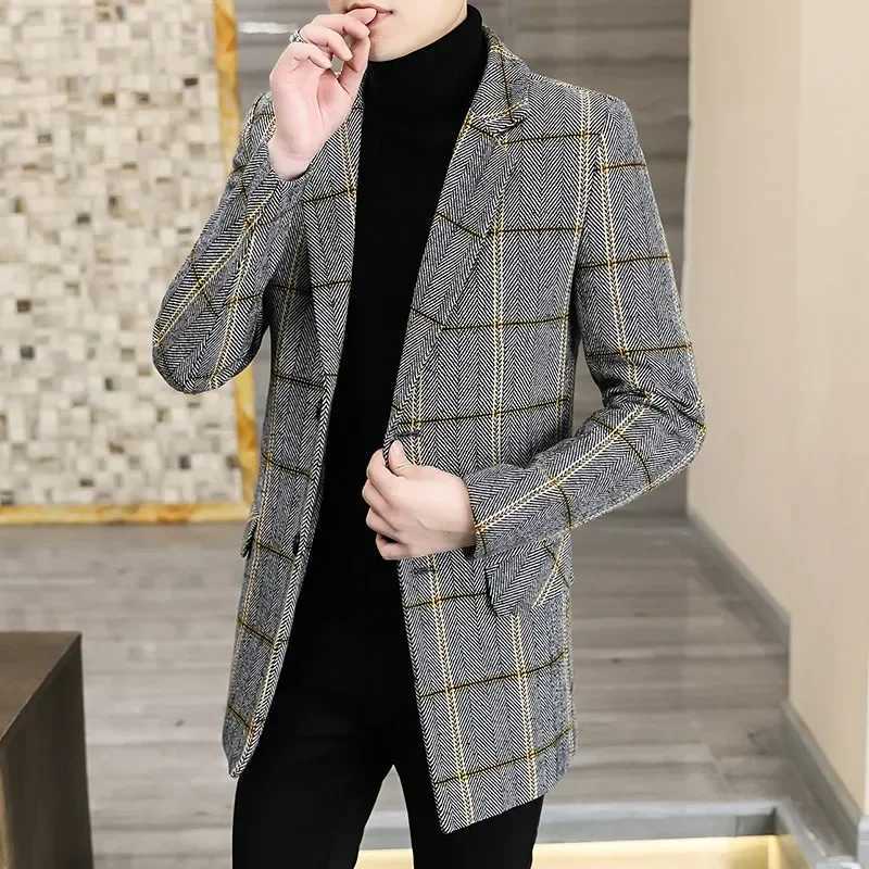 Mens Casual Woolen Coat Autumn Winter Mid-Long Plaid Cotton Wool Blends Coats Business Outerwear Overcoat Thick Warm Windbreaker XJ250809
