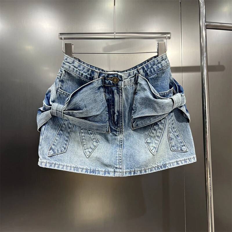 2025 Summer New Women's Bow Denim Mini fashion Skirt, Women's Fashion and Sexy Wrapped Butt Denim Skirt, New Designer