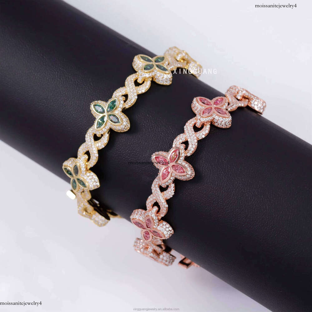 12mm Lucky Clover Gold Plated Sier Hip Hop Iced Out VVS Pink Green Blue Dia Moissanite Bracelet for Gift