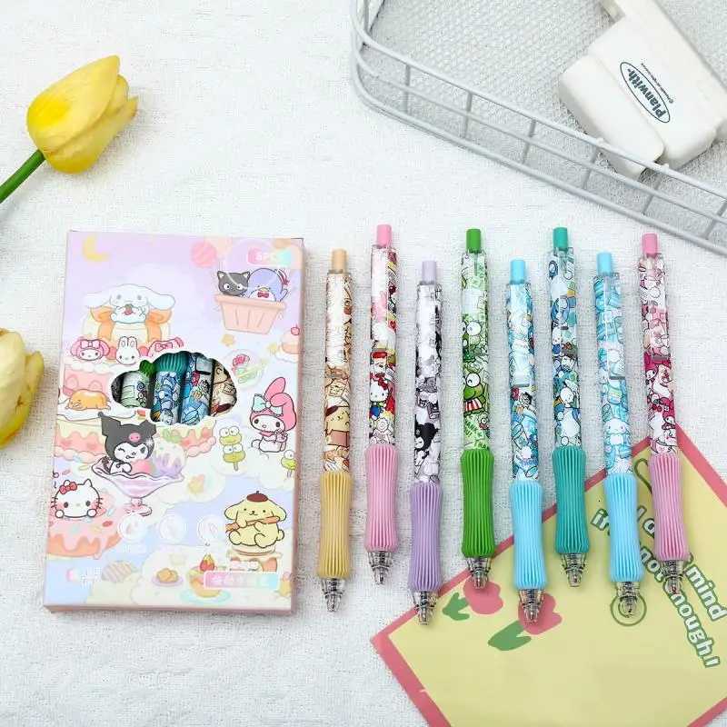 Sanrio 8Pcs Kawaii Sanrio Gel Pen Cartoon Hello Kitty Kuromi Cinnamoroll Melody Press 0.5 Black Pens Student Stationery School Supplies w250809