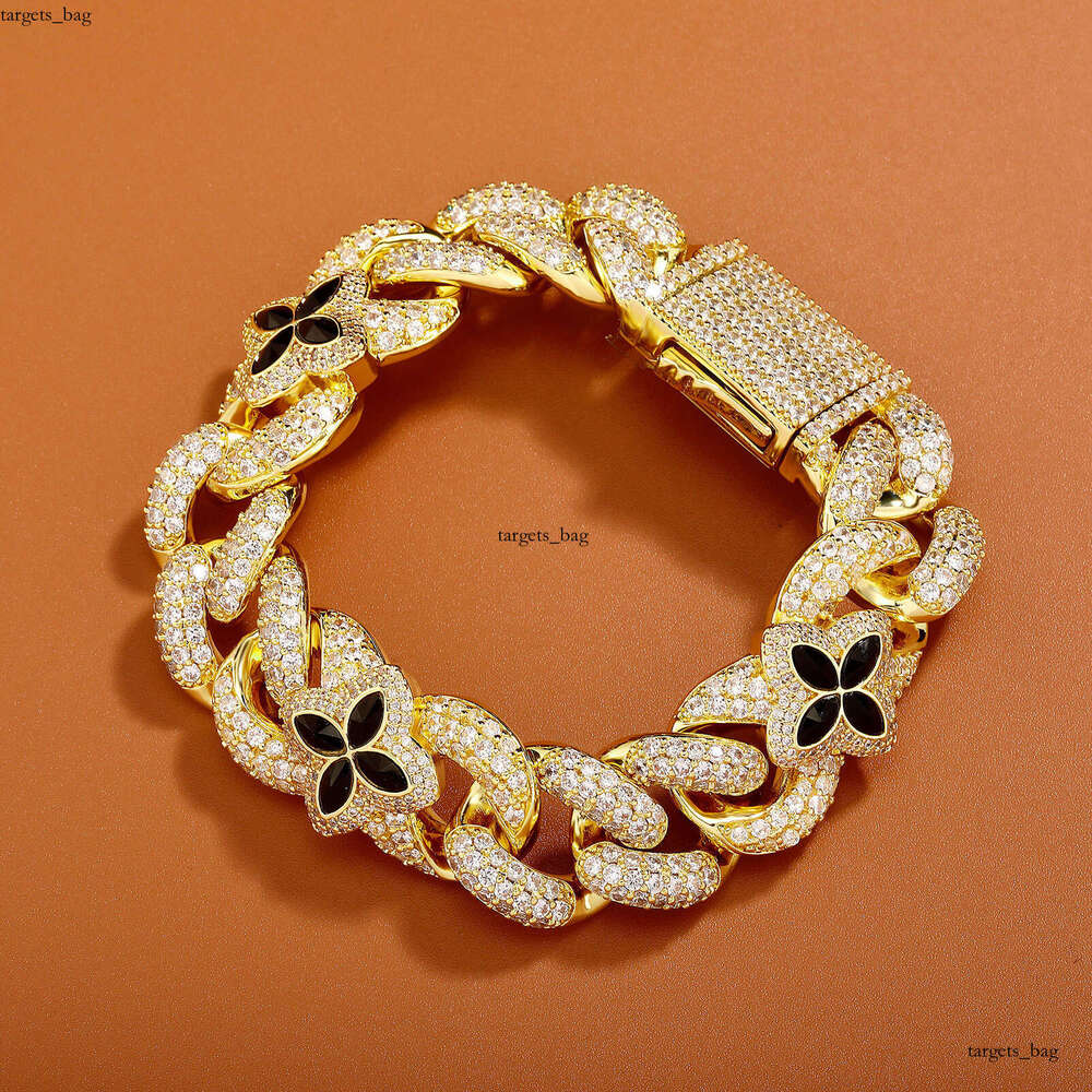 Hip Hop 20mm Four-Leaf Clover Green Personality Cuban Chain Spring Buckle Men's Bracelet
