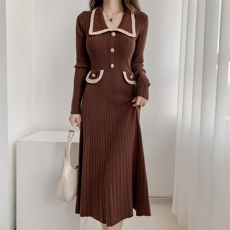 Tweed Style HighWaisted Slimming Knit Dress Womens AutumnWinter New Design Sensibility Base MiddleLength Sweater Dress R250809