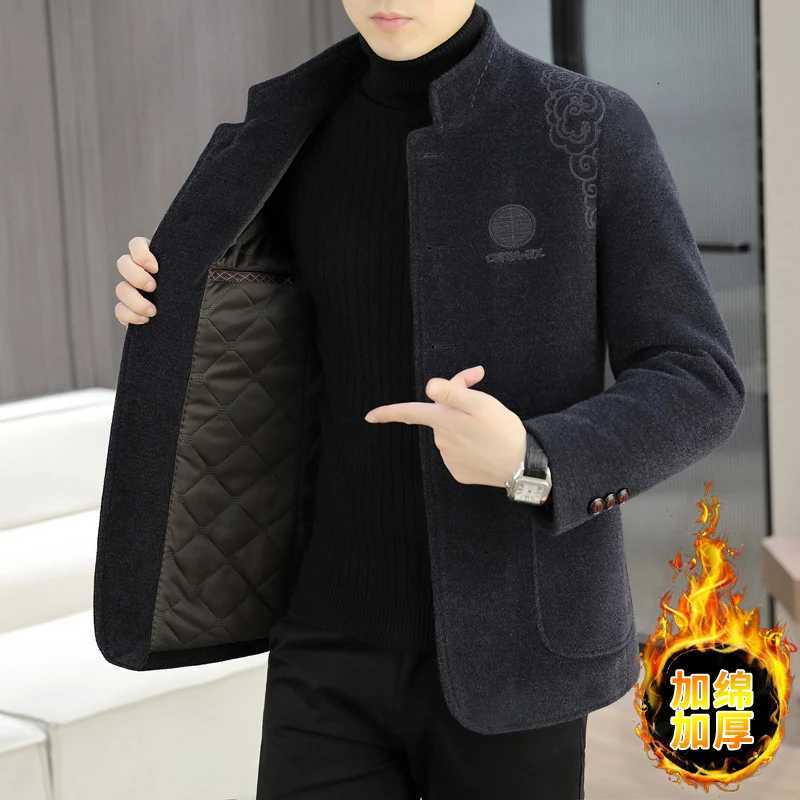 Chinese Style Stand Collar Woolen Jackets Men Winter Thickened Cotton Warm Trench Coat Casual Business Windproof Short Overcoat XJ250809