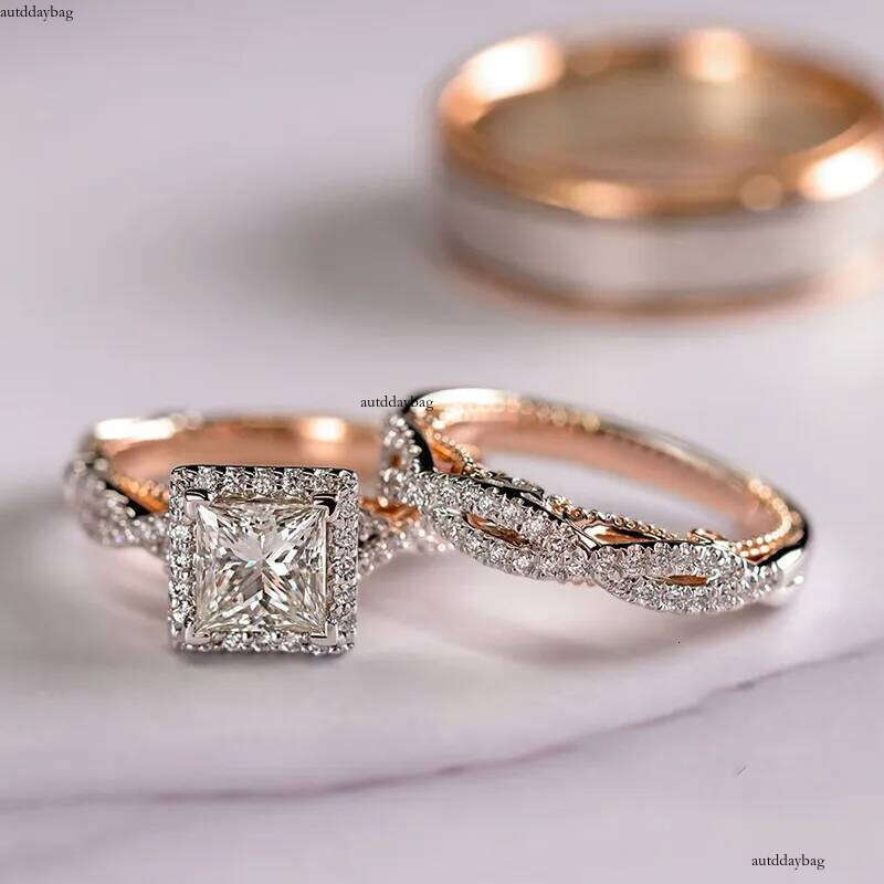 2025 Top Sell 3PCS Wedding Rings Vintage Jewelry Sterling Sier Rose Gold Fill Princess Cut White 5A Cubic Zircon CZ Dia Party Women Bride Couple Ring 
