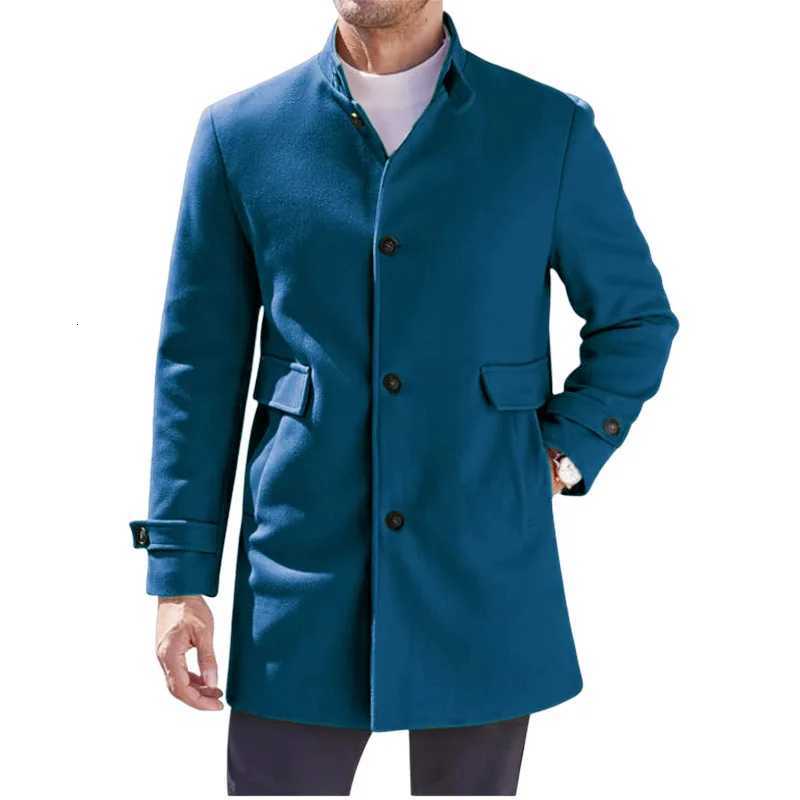 Woolen Coat Mens Autumn Winter Solid Color Single Breasted Pockets Fashion Coats Jacket XJ250809
