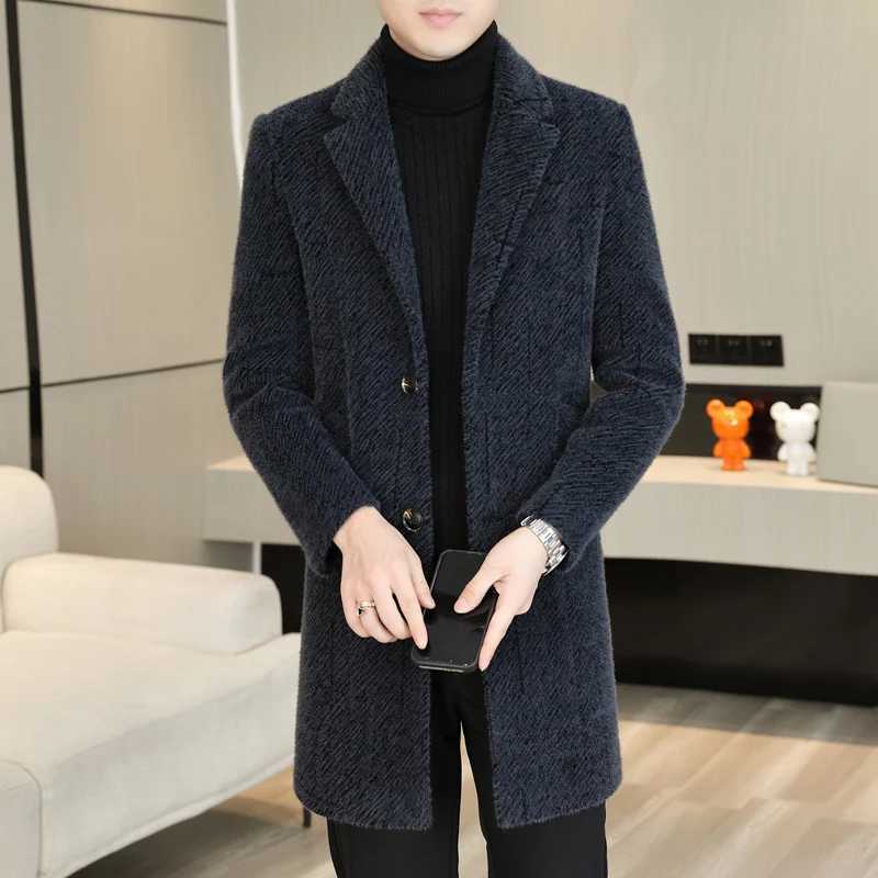 2025 Winter Business Mens Casual Striped Woolen Coats Thick Warm Mid-Length Top Overcoat Clothing Outerwear Windbreaker Jacket XJ250809