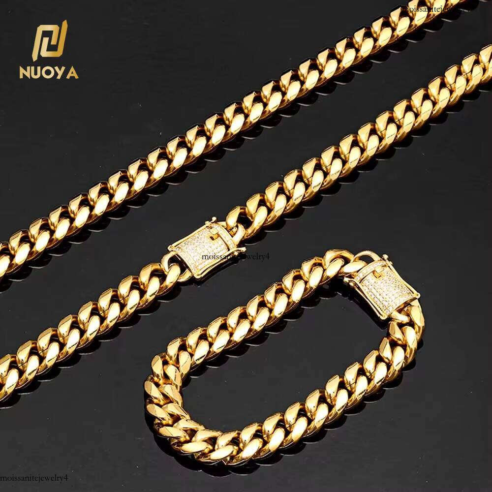 Wholesale 12mm Stainless Steel Cuban Link Chain with Gold Plated Dia Clasp Hip Hop Style Gift Necklace