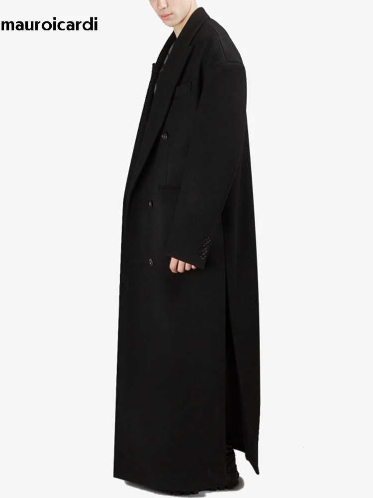 Mauroicardi Autumn Winter Extra Long Black Oversized Thick Warm Soft Wool Blends Coat Men Double Breasted Korean Fashion 2023 XJ250809