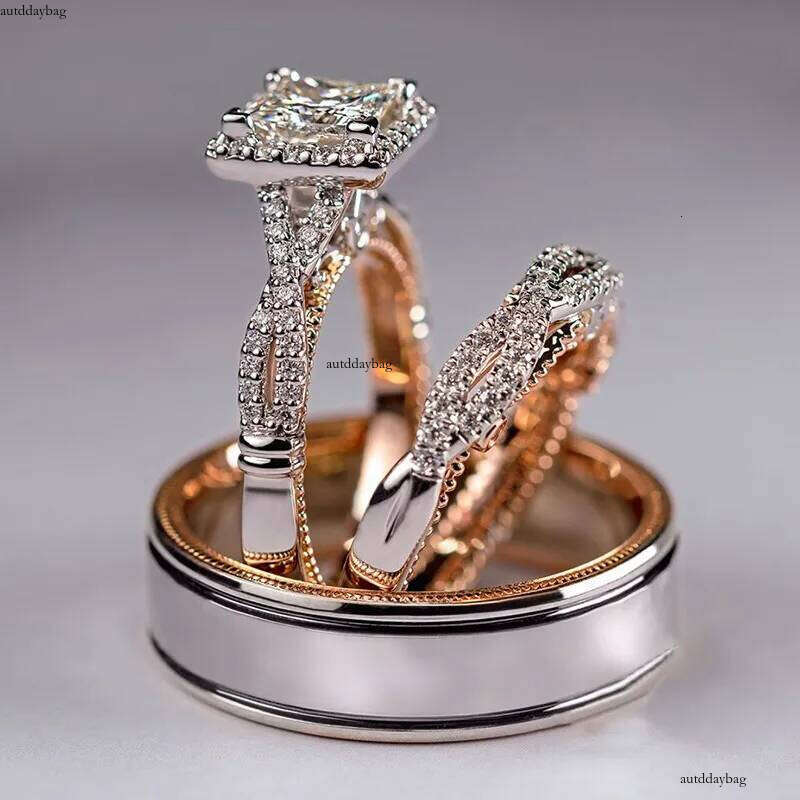 2025 Top Sell 3PCS Wedding Rings Vintage Jewelry Sterling Sier Rose Gold Fill Princess Cut White 5A Cubic Zircon CZ Dia Party Women Bride Couple Ring 